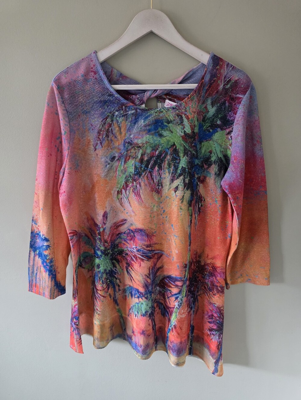 NWOT Leoma Lovegrove L Eclectic Artsy Resortwear Tropical Metallic Shimmer Top